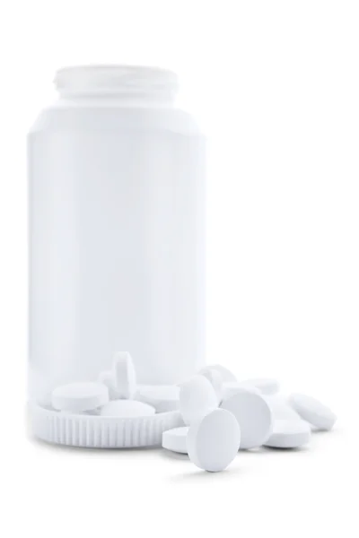 Bottle with white tablets isolated — Stock Photo, Image