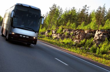 a bus is moving in the forest.  clipart