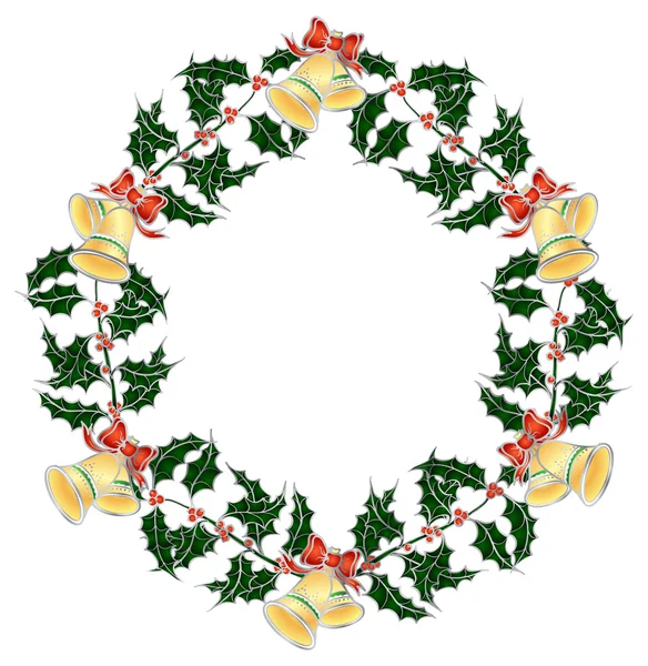 Christmas holly`s wreath with bells — Stock Vector