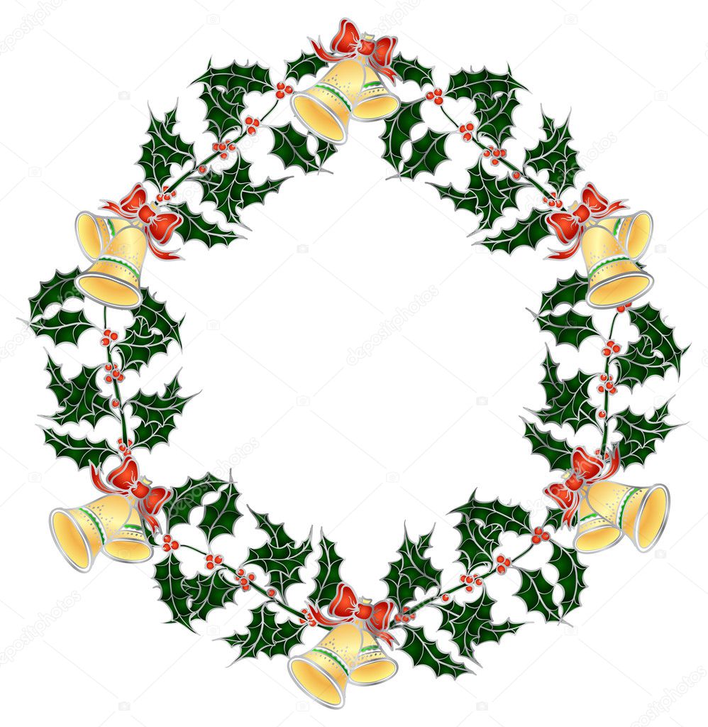 Christmas holly s wreath with bells — Stock Vector