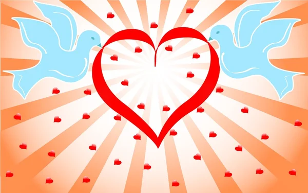 Blå duvor håller rött hjärta. — Stockfoto