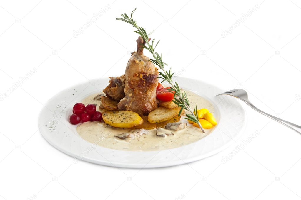 Dish from a turkey, a potato, tomatoes,