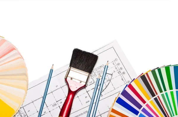 Paint brush, pencils, and color guide — Stock Photo, Image