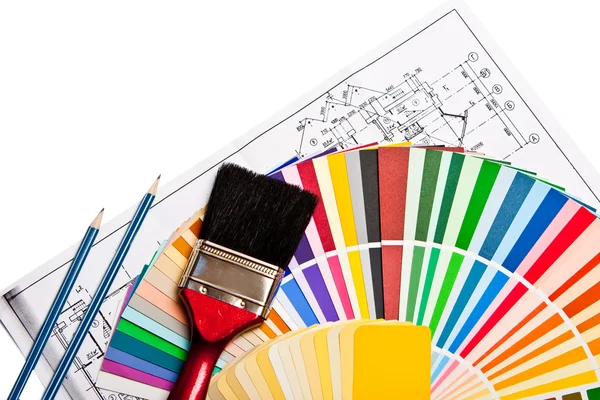 Paint roller, pencils, drawings — Stock Photo, Image