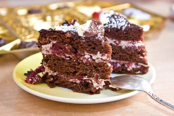 Trozos de un pastel de chocolate en una meseta — Foto de Stock