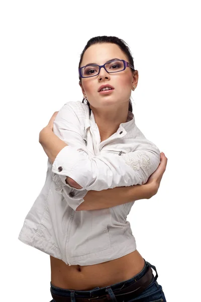 Menina bonita em óculos em um branco — Fotografia de Stock