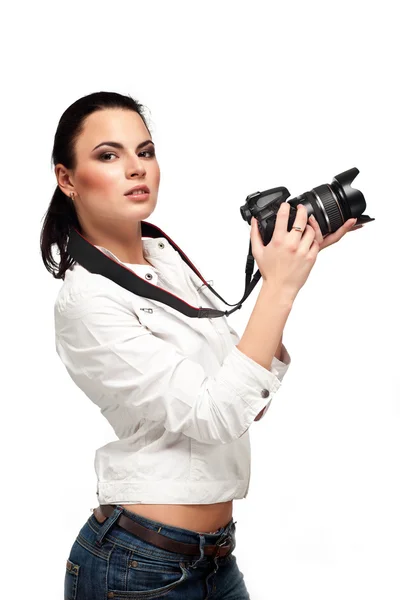 stock image Girl with the camera on a white