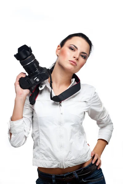 Mädchen mit der Kamera auf einem weißen lizenzfreie Stockfotos