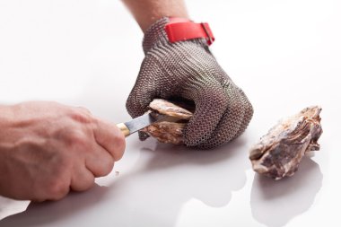 Hands of the cook opening an oyster clipart