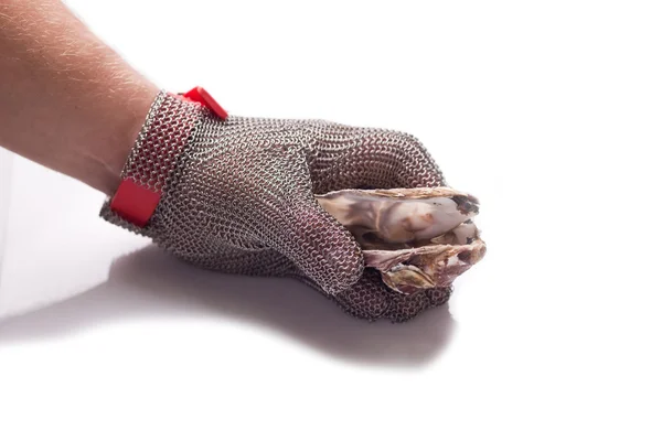 Hand of the cook holds an open oyster — Stock Photo, Image