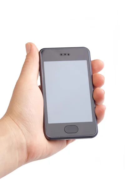 Hand met moderne slimme telefoon op wit — Stockfoto