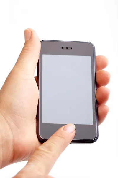 Hand met moderne slimme telefoon op wit Stockfoto