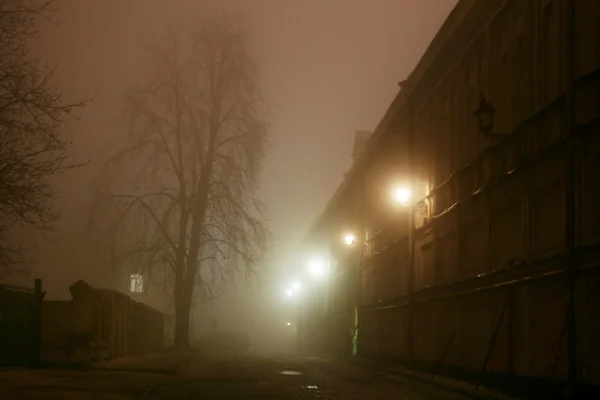 Nacht straat in de mist — Stockfoto