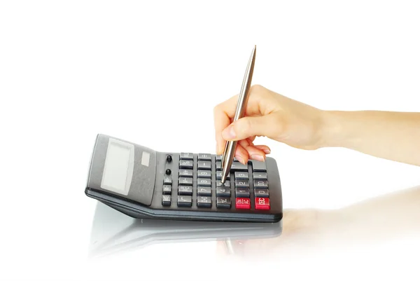 Калькулятор с рукой — стоковое фото