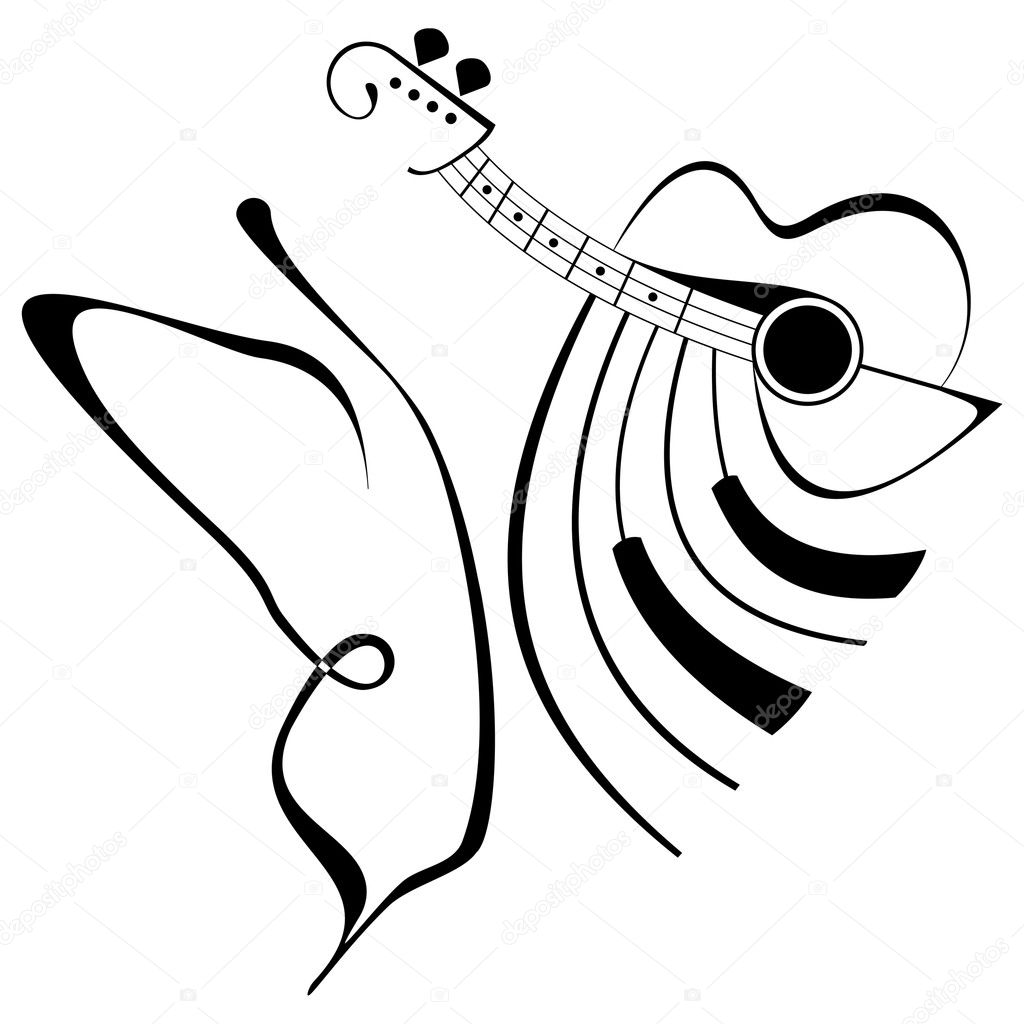 Vector abstract composition with butterfly, guitar and piano