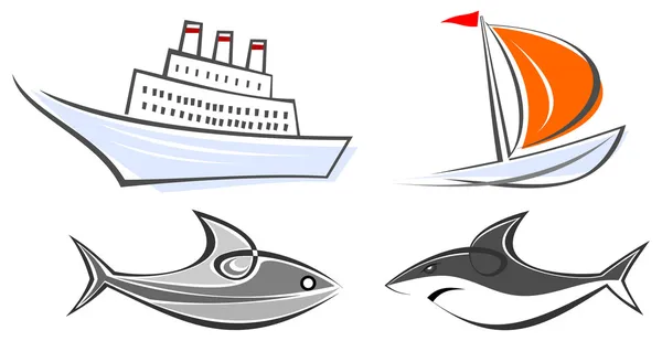 Set van mariene pictogrammen - oceaanstomer, jacht — Stockvector