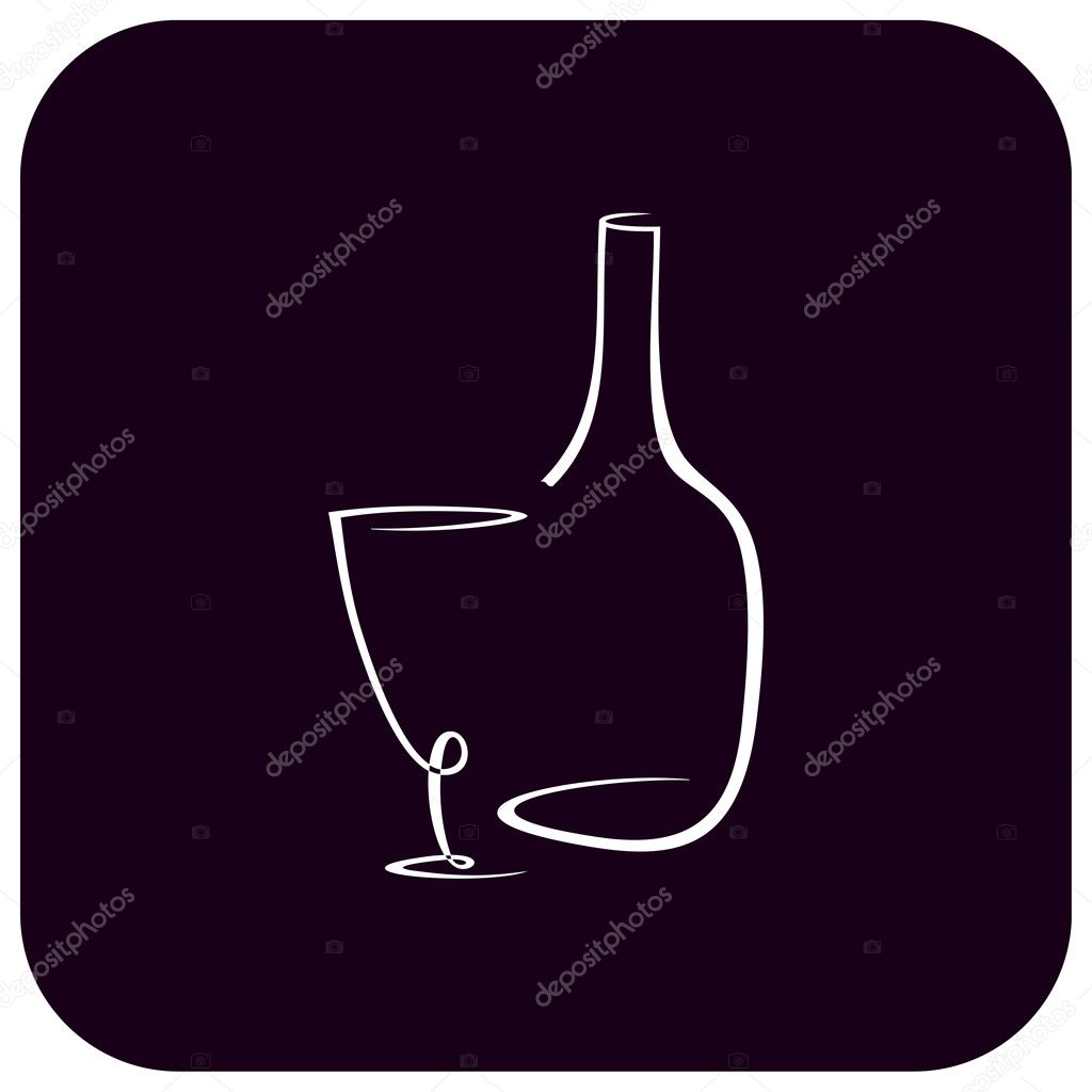 Stylized vector image of bottle and wine glass on dark blue background. The image can be used to design menu restaurant or cafe.