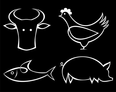 Beef, fish, chicken and pork - food icon clipart