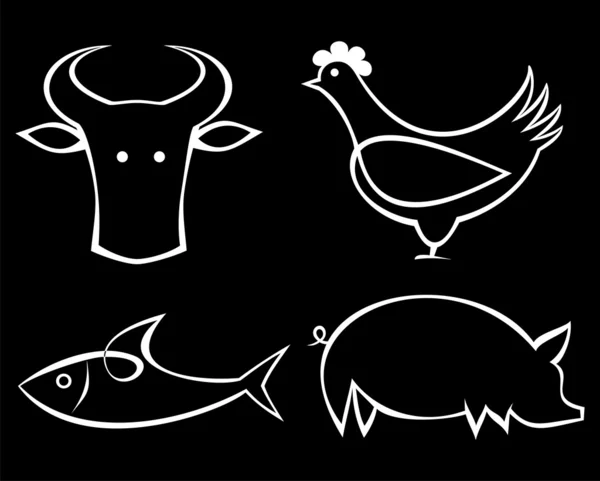 Manzo, pesce, pollo e maiale icona del cibo — Vettoriale Stock