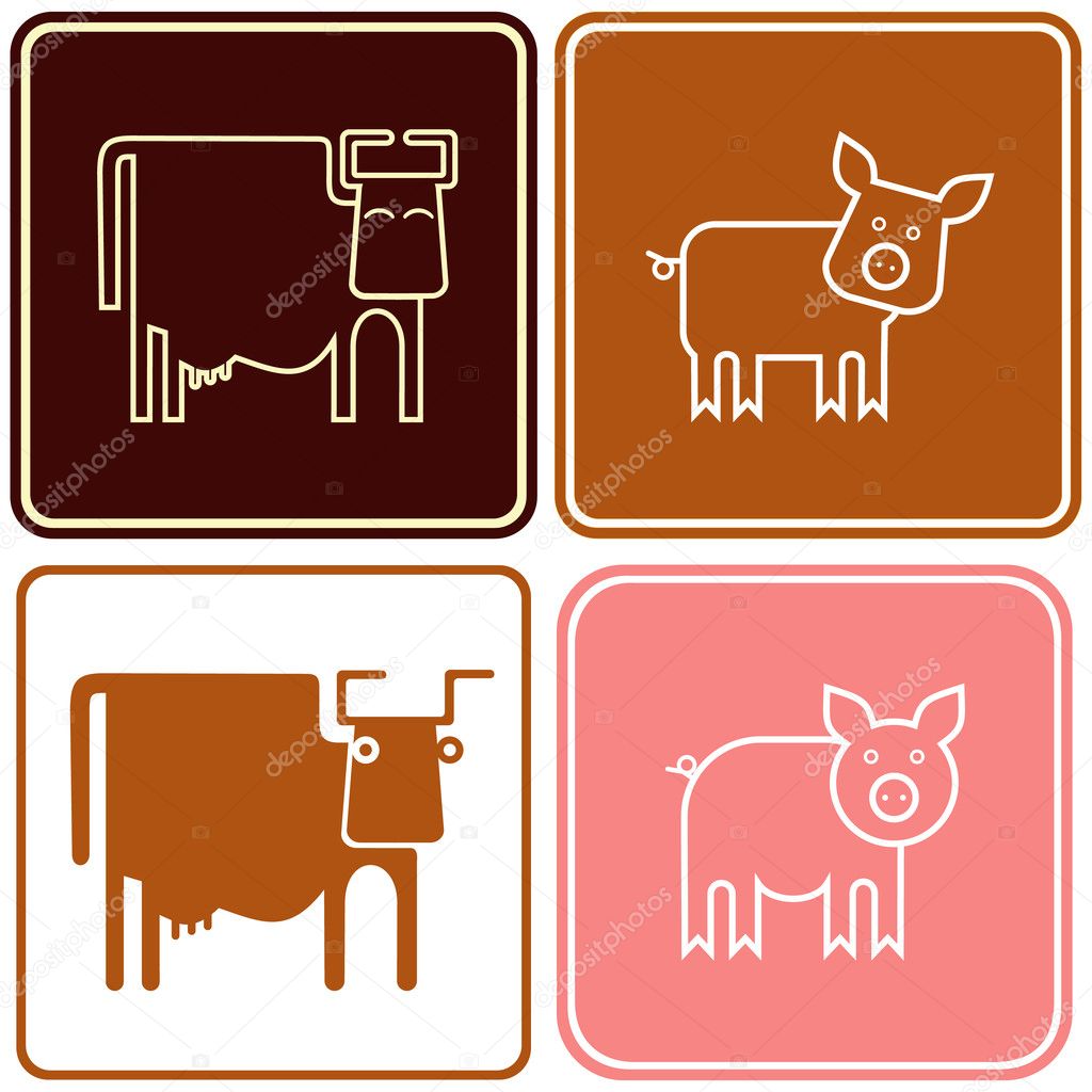 Cow, pig - vector stylized images. Can be used as logo by milk/meat producing and packing companies, as well as by agricultural good industry. Vector icon, sign