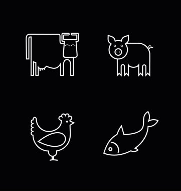 Cow, fish, chicken and pig clipart