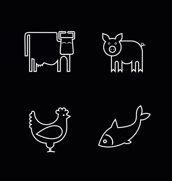 Cow, fish, chicken and pig — 스톡 벡터
