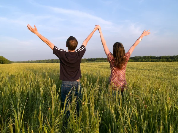 Junges Paar geht Händchen haltend auf Feld — Stockfoto