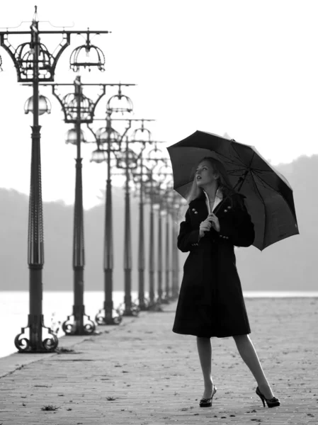 stock image Blonde with umbrella on promenade