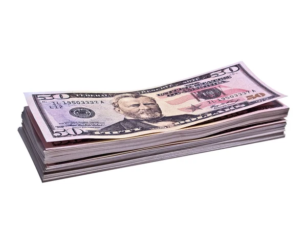 Pilha de notas de banco de 50 dólares isolada — Fotografia de Stock