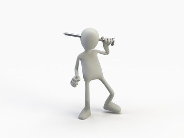 3 d character holding a small hammer 
