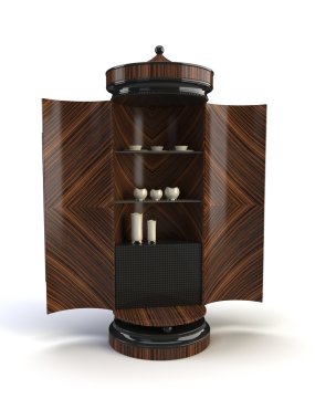 3 d render of a wooden chest with a mirror isolated on a white background 