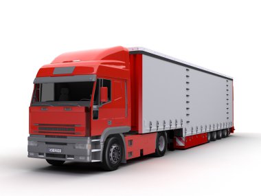 red cargo truck with a red trailer  clipart