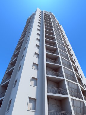 Mavi gökyüzü olan yeni bir apartman. 