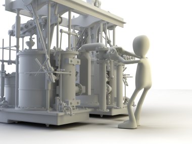 3 d render of a man with a large industrial model 