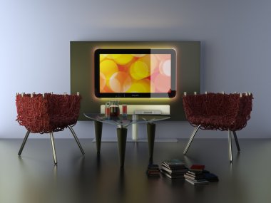 modern tv on table in living room 