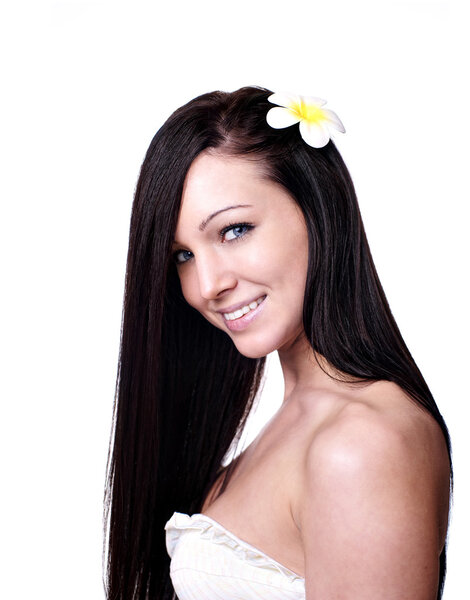 portrait of a beautiful woman with long hair and flowers 