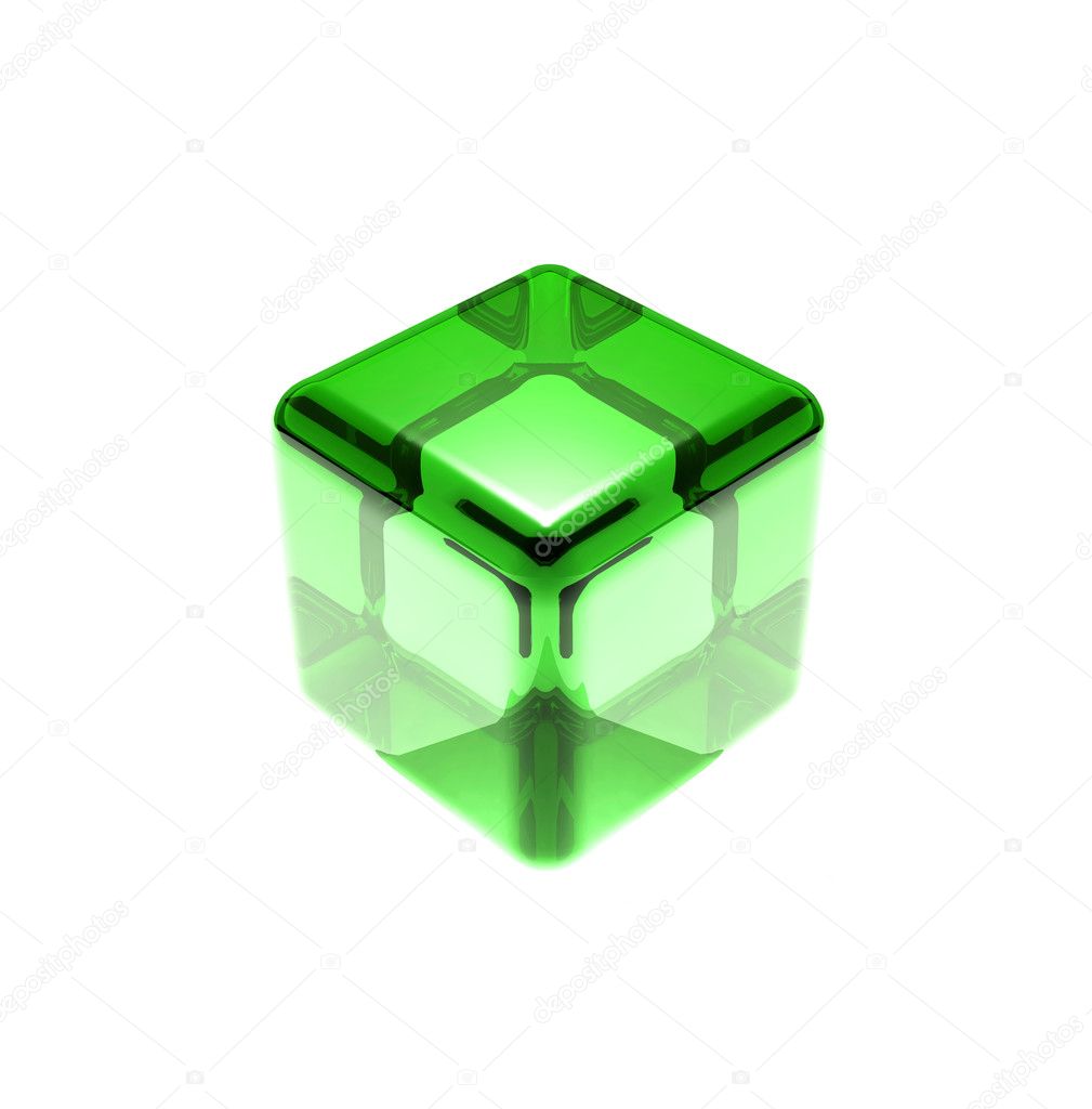 Green glass cube isolated