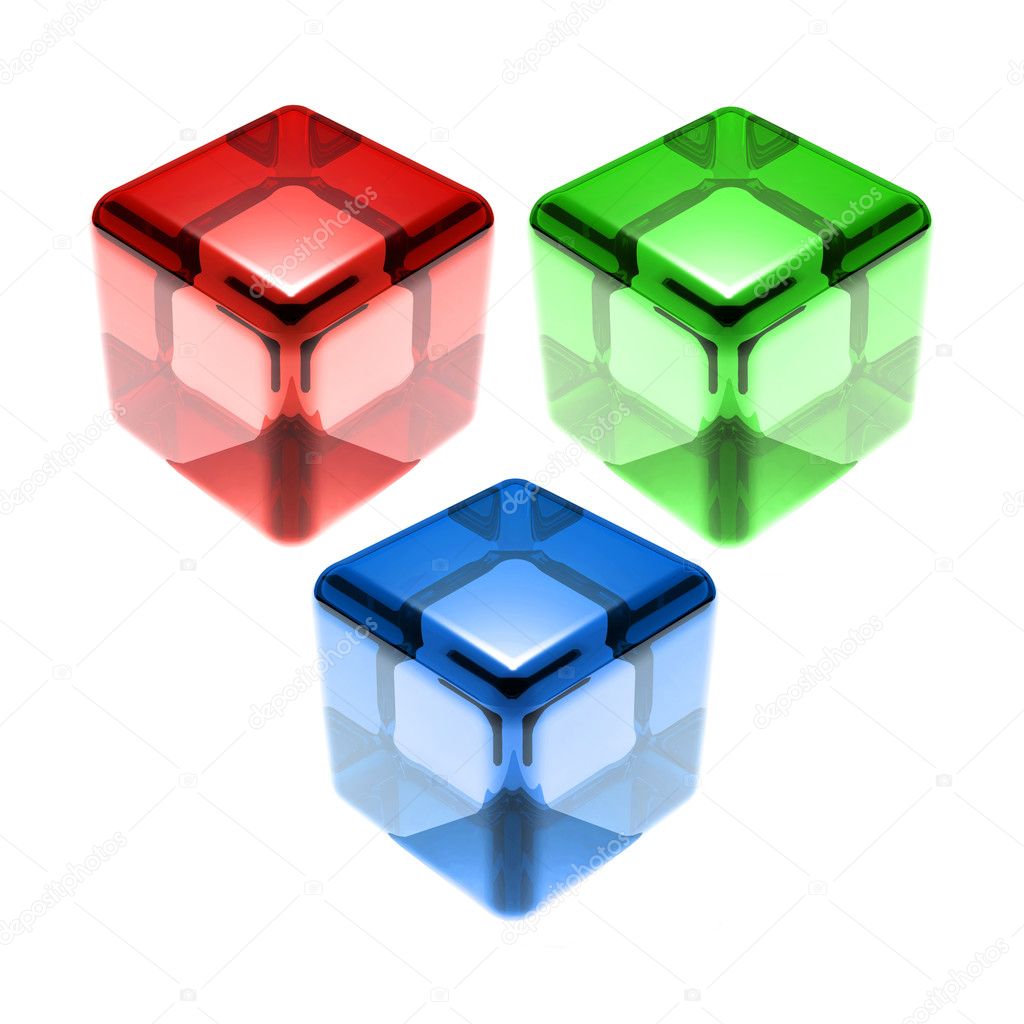 Red green blue glass cubes isolated
