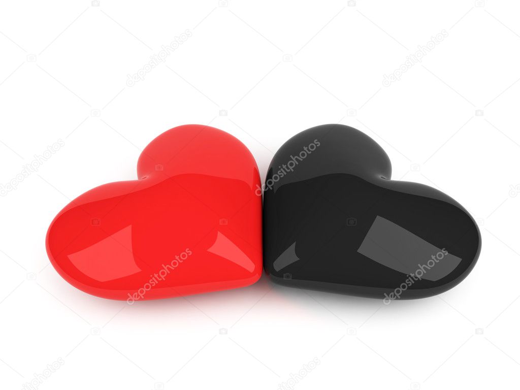 Red and black hearts lying over white