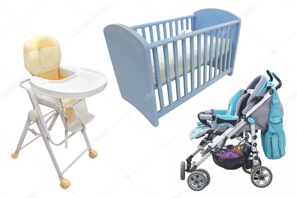 Child's chair, bed and perambulator