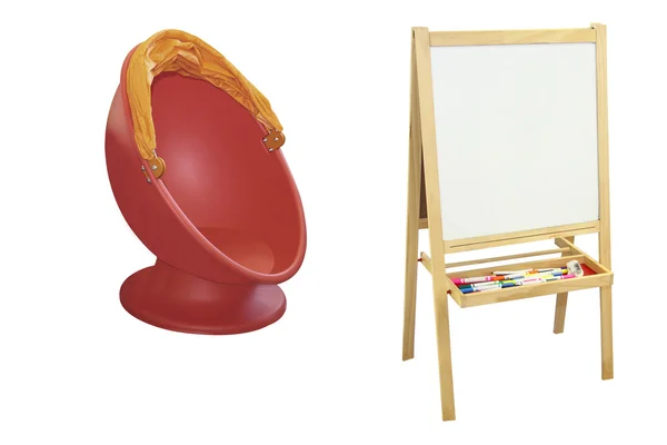 Tablica i czerwone krzesło z tworzywa sztucznego — Zdjęcie stockowe