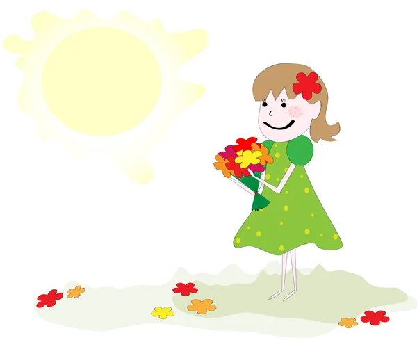 花を持つ少女 — ストックベクタ
