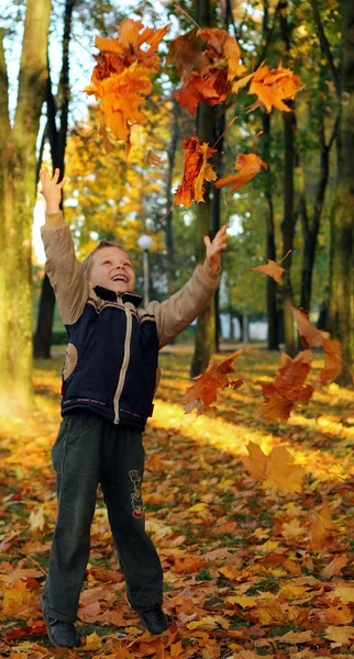 Dziecko rzucając jesienią liście — Zdjęcie stockowe