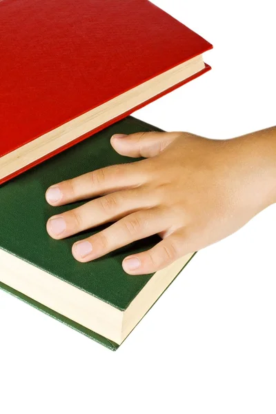 Hand en boeken — Stockfoto
