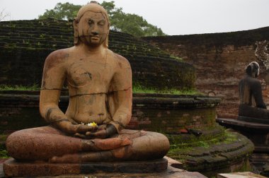 Seated Buddha Statues In The Rain clipart