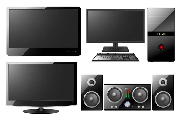 Computer, monitor, music center — Stock Vector