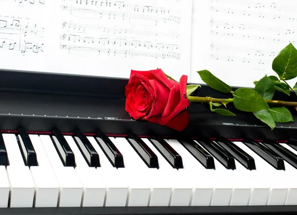Romantyczna koncepcja - czerwona róża na fortepian klucz — Zdjęcie stockowe
