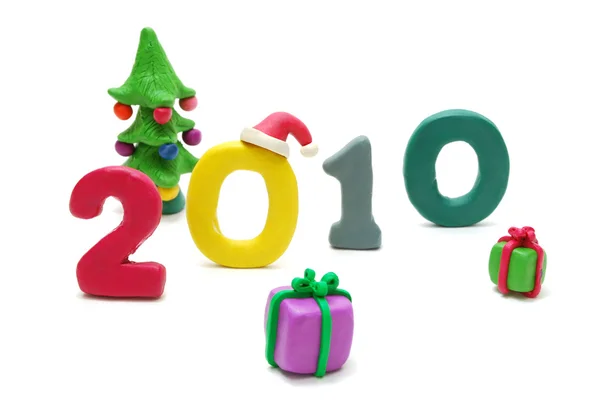 文本 2010年、 圣诞树和礼物 — 图库照片