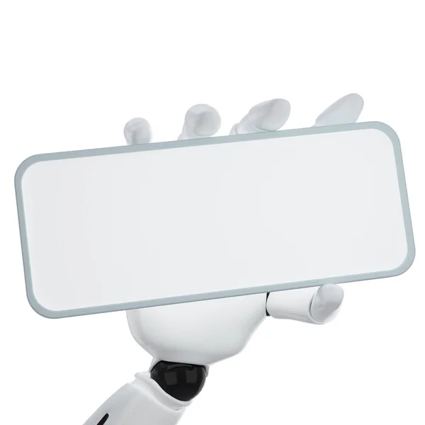 Το 3d ρομποτικό χέρι κρατούν κενό σημάδι για p — Φωτογραφία Αρχείου