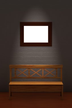 Wood bench with empty frame in minimalis clipart